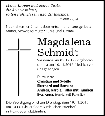 Traueranzeige von Magdalena Schmidt von Mitteldeutsche Zeitung Merseburg/Querfurt