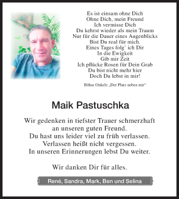 Traueranzeige von Maik Pastuschka von Super Sonntag Zeitz
