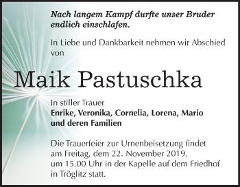 Traueranzeige von Maik Pastuschka von Super Sonntag Zeitz