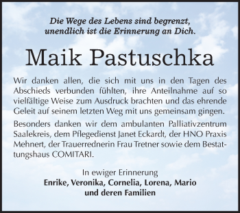 Traueranzeige von Maik Pastuschka von Mitteldeutsche Zeitung Zeitz