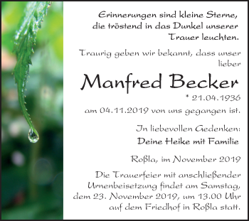Traueranzeige von Manfred Becker von Super Sonntag Sangerhausen