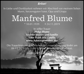 Traueranzeige von Manfred Blume von Mitteldeutsche Zeitung Halle/Saalkreis