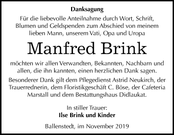 Traueranzeige von Manfred Brink von Super Sonntag Quedlinburg