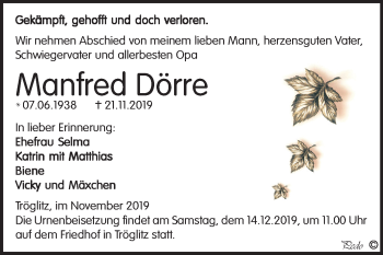 Traueranzeige von Manfred Dörre von Mitteldeutsche Zeitung Zeitz