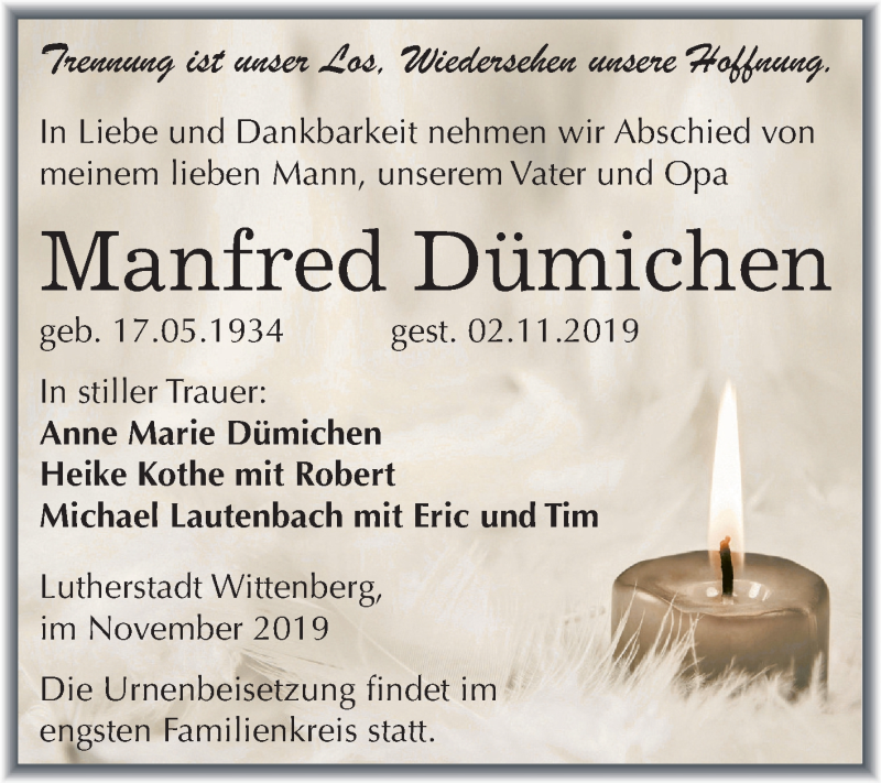  Traueranzeige für Manfred Dümichen vom 16.11.2019 aus Super Sonntag Wittenberg