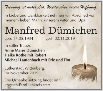 Traueranzeige von Manfred Dümichen von Mitteldeutsche Zeitung Wittenberg