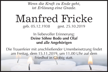 Traueranzeige von Manfred Fricke von Super Sonntag Wittenberg