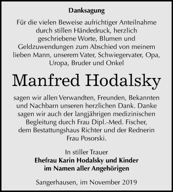 Traueranzeige von Manfred Hodalsky von Mitteldeutsche Zeitung Sangerhausen