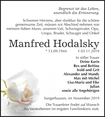 Traueranzeige von Manfred Hodalsky von Super Sonntag Sangerhausen