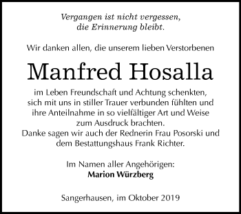 Traueranzeige von Manfred Hosalla von Mitteldeutsche Zeitung Sangerhausen