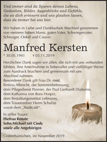 Traueranzeige von Manfred Kersten von Super Sonntag Wittenberg