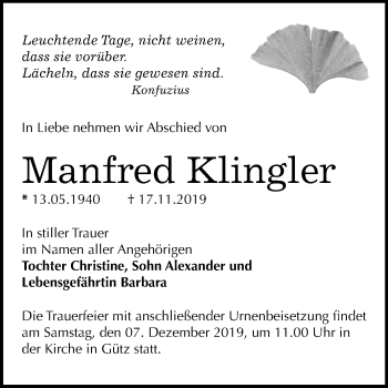 Traueranzeige von Manfred Klingler von Mitteldeutsche Zeitung Halle/Saalkreis