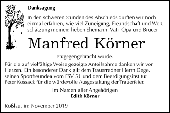 Traueranzeige von Manfred Körner von Mitteldeutsche Zeitung Dessau-Roßlau