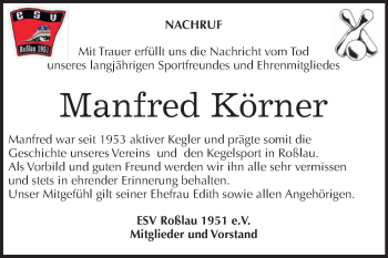 Traueranzeige von Manfred Körner von Mitteldeutsche Zeitung Dessau-Roßlau