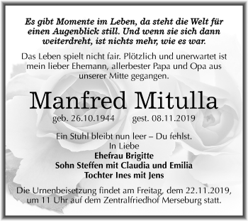 Traueranzeige von Manfred Mitulla von Wochenspiegel Merseburg/Querfurt
