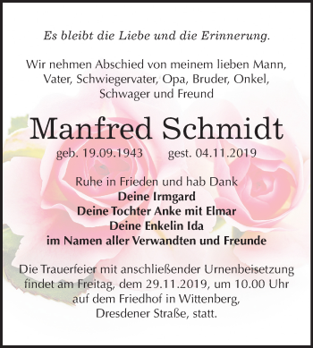 Traueranzeige von Manfred Schmidt von Mitteldeutsche Zeitung Wittenberg