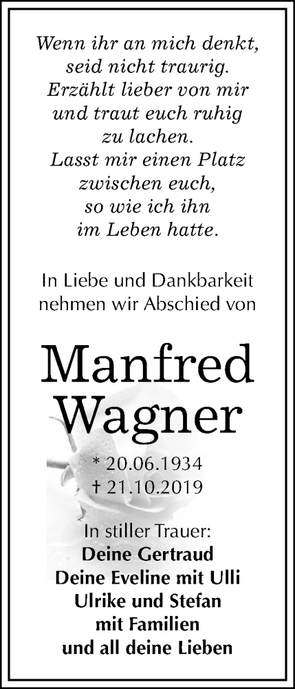 Traueranzeige für Manfred Wagner vom 16.11.2019 aus Mitteldeutsche Zeitung Halle/Saalkreis
