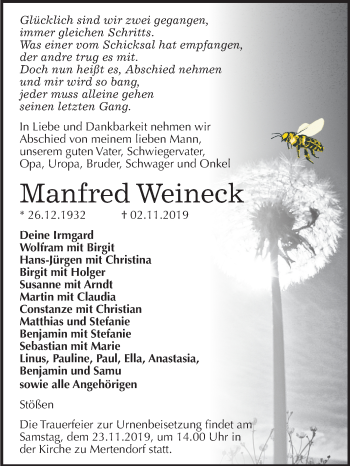 Traueranzeige von Manfred Weineck von Wochenspiegel Naumburg/Nebra