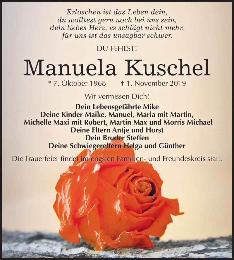  Traueranzeige für Manuela Kuschel vom 13.11.2019 aus Mitteldeutsche Zeitung Weißenfels