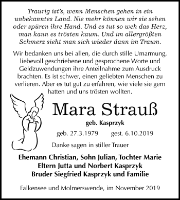 Traueranzeige von Mara Strauß von Mitteldeutsche Zeitung Mansfelder Land