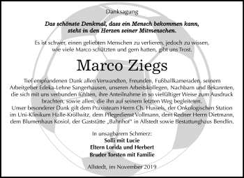 Traueranzeige von Marco Ziegs von Super Sonntag Sangerhausen