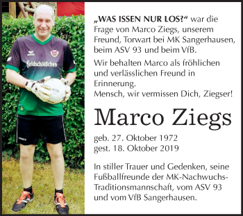 Traueranzeige von Marco Ziegs von Mitteldeutsche Zeitung Sangerhausen