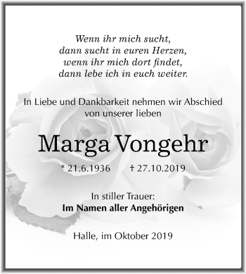 Traueranzeige von Marga Vongehr von Mitteldeutsche Zeitung Halle/Saalkreis
