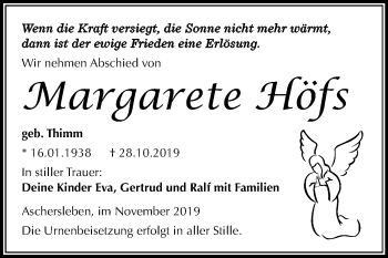 Traueranzeige von Margarete Höfs von Super Sonntag Aschersleben