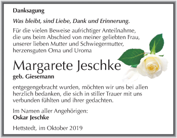 Traueranzeige von Margarete Jeschke von Mitteldeutsche Zeitung Mansfelder Land