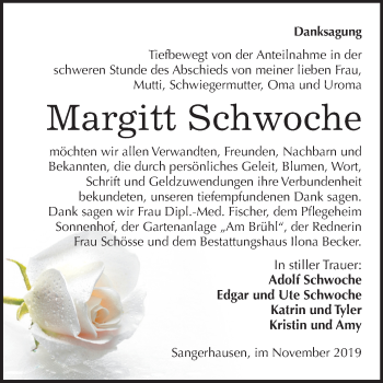 Traueranzeige von Margitt Schwoche von Super Sonntag Sangerhausen