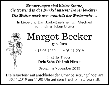 Traueranzeige von Margot Becker von Super Sonntag Köthen
