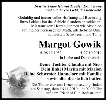 Traueranzeige von Margot Gowik von Mitteldeutsche Zeitung Dessau-Roßlau