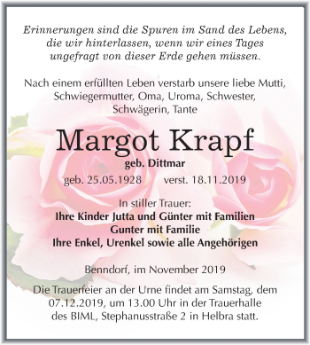 Traueranzeige von Margot Krapf von Mitteldeutsche Zeitung Mansfelder Land