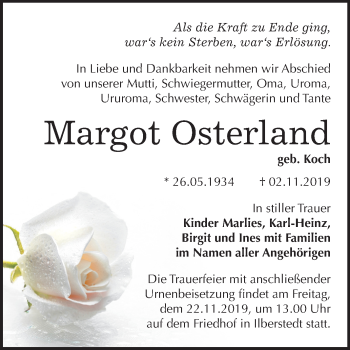 Traueranzeige von Margot Osterland von Mitteldeutsche Zeitung Bernburg
