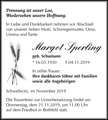 Traueranzeige von Margot Sperling von Wochenspiegel Weißenfels