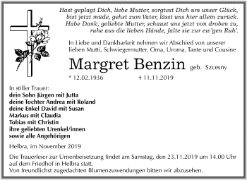 Traueranzeige von Margret Benzin von Super Sonntag Mansfelder Land