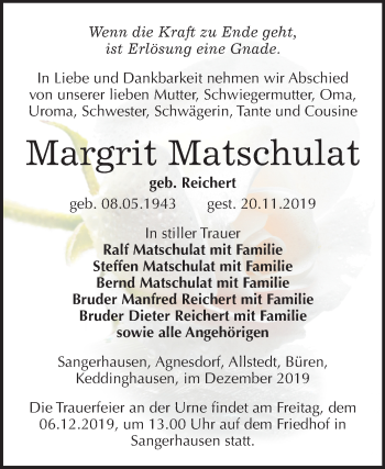 Traueranzeige von Margrit Matschulat von Super Sonntag Sangerhausen