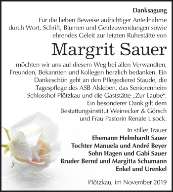 Traueranzeige von Margrit Sauer von Super Sonntag Bernburg