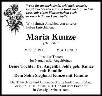 Traueranzeige von Maria Kunze von Mitteldeutsche Zeitung Wittenberg