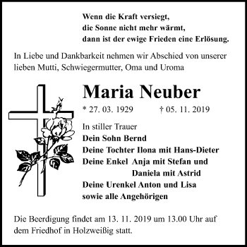 Traueranzeige von Maria Neuber von Mitteldeutsche Zeitung Bitterfeld