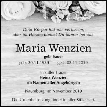Traueranzeige von Maria Wenzien von Mitteldeutsche Zeitung Naumburg/Nebra