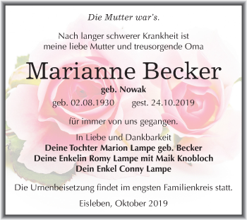 Traueranzeige von Marianne Becker von Super Sonntag Mansfelder Land