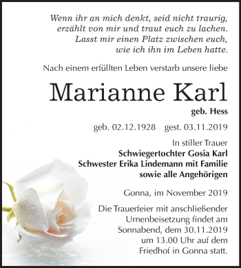 Traueranzeige von Marianne Karl von Mitteldeutsche Zeitung Sangerhausen