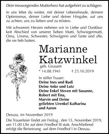 Traueranzeige von Marianne Katzwinkel von Super Sonntag Dessau-Roßlau