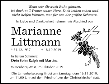 Traueranzeige von Marianne Littmann von Super Sonntag Wittenberg