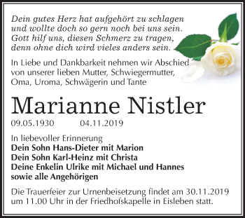Traueranzeige von Marianne Nistler von Wochenspiegel Mansfelder Land