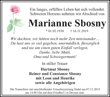 Traueranzeige von Marianne Sbosny von Super Sonntag Dessau-Roßlau
