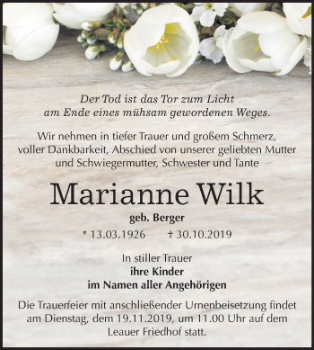 Traueranzeige von Marianne Wilk von Super Sonntag Bernburg