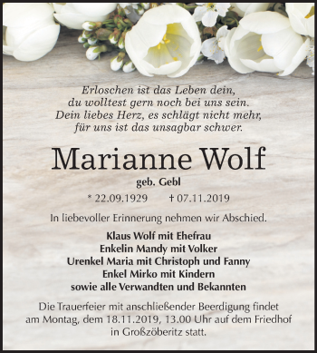 Traueranzeige von Marianne Wolf von Mitteldeutsche Zeitung Bitterfeld