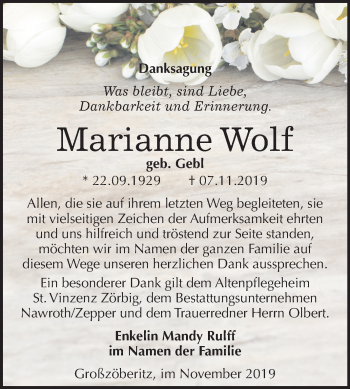 Traueranzeige von Marianne Wolf von Mitteldeutsche Zeitung Bitterfeld